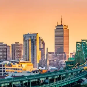 Beställ nu Tobin bridge Zakim bridge and Boston skyline panorama at sunset